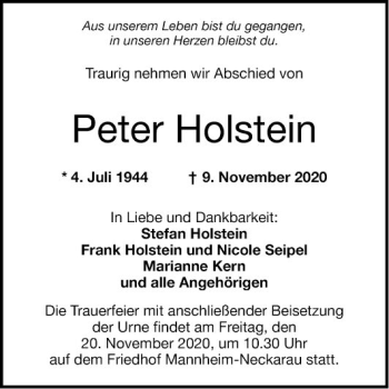 Traueranzeige von Peter Holstein von Mannheimer Morgen
