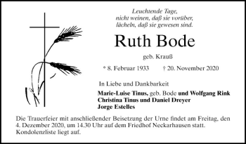 Traueranzeige von Ruth Bode von Mannheimer Morgen