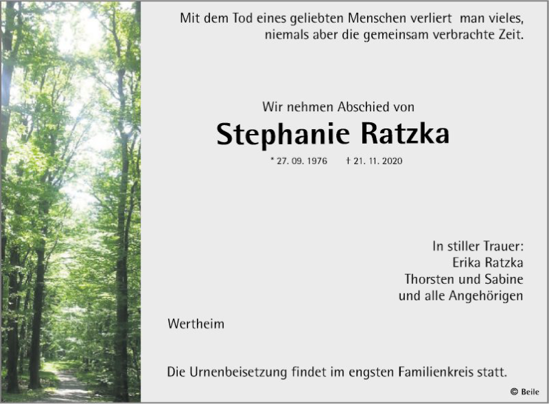  Traueranzeige für Stephanie Ratzka vom 24.11.2020 aus Fränkische Nachrichten