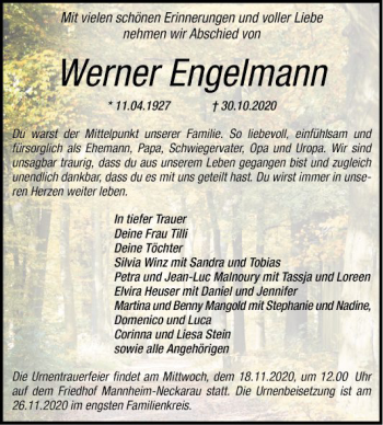 Traueranzeige von Werner Engelmann von Mannheimer Morgen