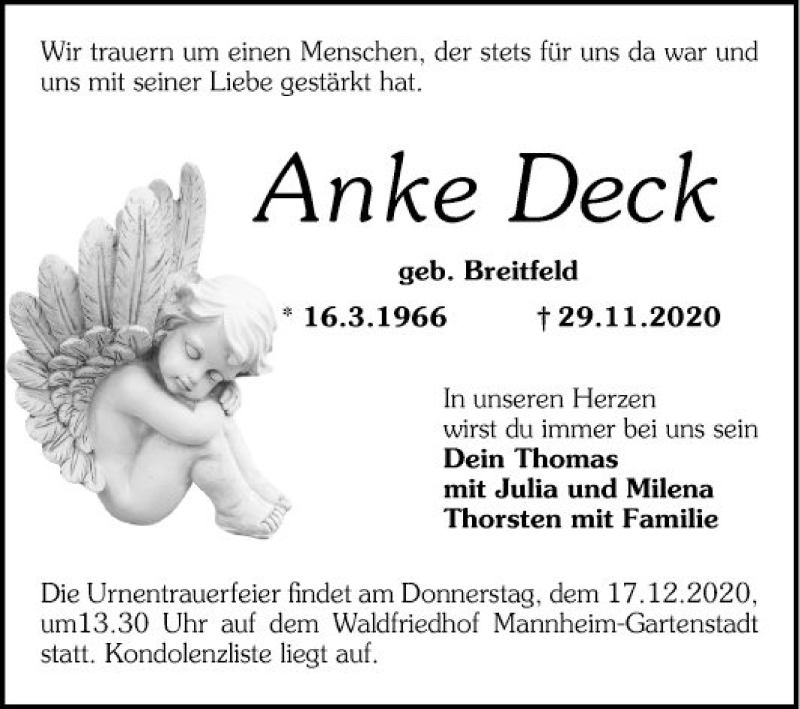  Traueranzeige für Anke Deck vom 12.12.2020 aus Mannheimer Morgen
