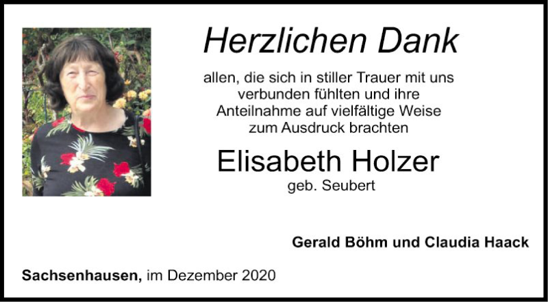  Traueranzeige für Elisabeth Holzer vom 31.12.2020 aus Fränkische Nachrichten