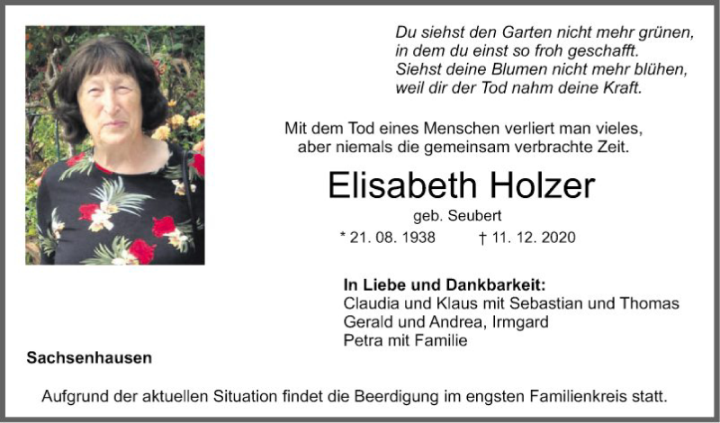  Traueranzeige für Elisabeth Holzer vom 15.12.2020 aus Fränkische Nachrichten