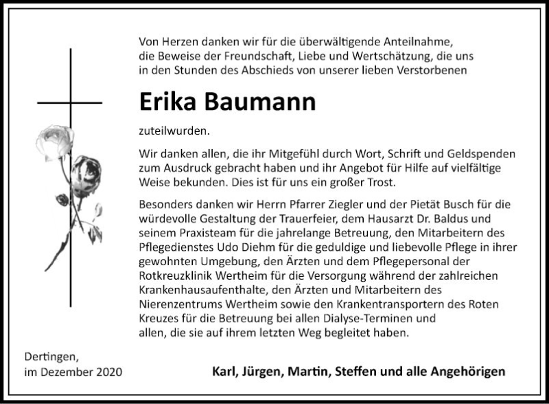  Traueranzeige für Erika Baumann vom 12.12.2020 aus Fränkische Nachrichten