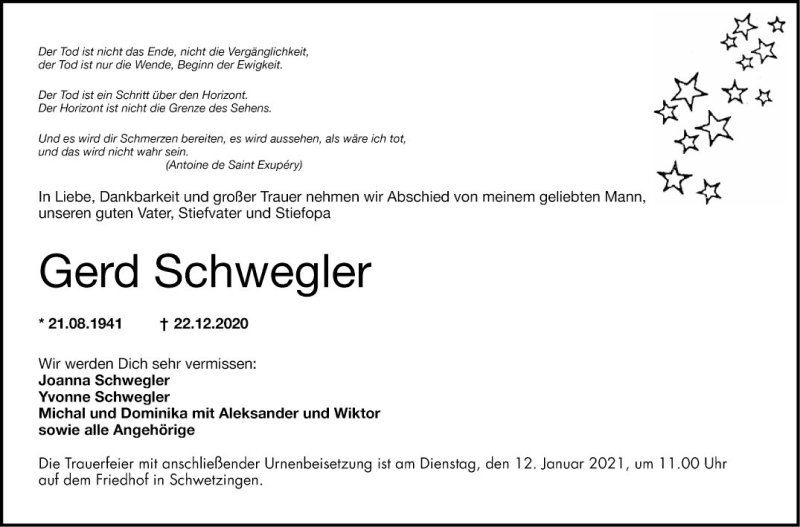  Traueranzeige für Gerd Schwegler vom 31.12.2020 aus Schwetzinger Zeitung