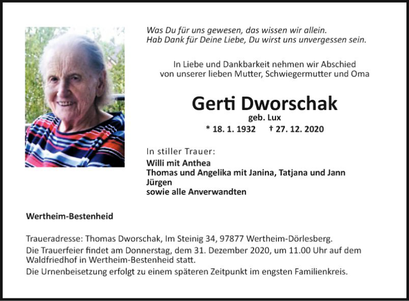  Traueranzeige für Gerti Dworschak vom 30.12.2020 aus Fränkische Nachrichten