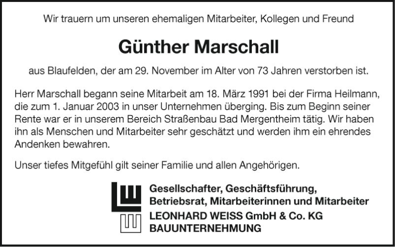  Traueranzeige für Günther Marschall vom 14.12.2020 aus Fränkische Nachrichten