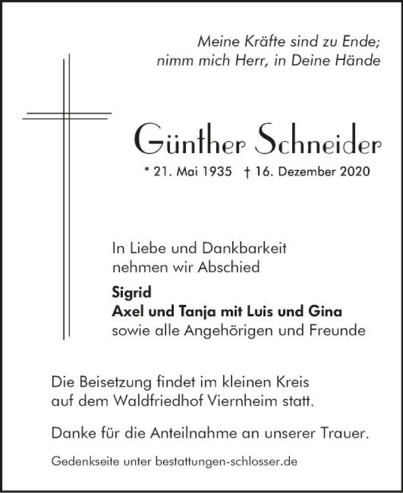  Traueranzeige für Günther Schneider vom 24.12.2020 aus Südhessen Morgen