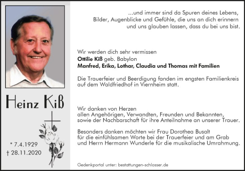  Traueranzeige für Heinz Kiß vom 12.12.2020 aus Südhessen Morgen