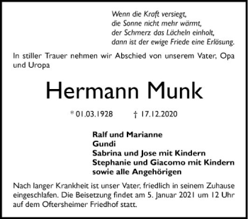 Traueranzeige von Hermann Munk von Schwetzinger Zeitung
