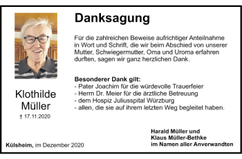 Traueranzeige von Klothilde Müller von Fränkische Nachrichten