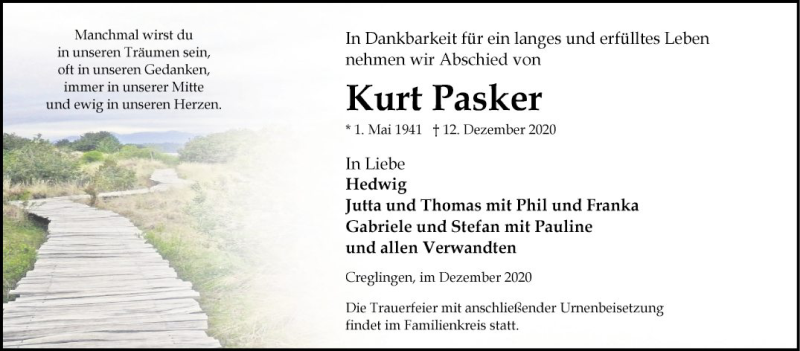  Traueranzeige für Kurt Pasker vom 16.12.2020 aus Fränkische Nachrichten