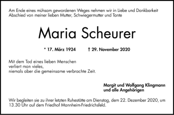 Traueranzeige von Maria Scheurer von Mannheimer Morgen
