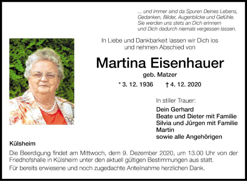  Traueranzeige für Martina Eisenhauer vom 08.12.2020 aus Fränkische Nachrichten