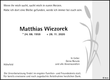 Traueranzeige von Matthias Wiezorek von Fränkische Nachrichten
