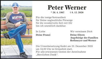 Traueranzeige von Peter Werner von Fränkische Nachrichten