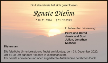 Traueranzeige von Renate Diehm von Fränkische Nachrichten