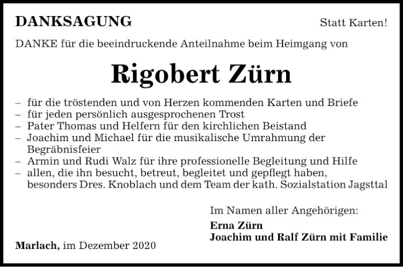  Traueranzeige für Rigobert Zürn vom 16.12.2020 aus Fränkische Nachrichten