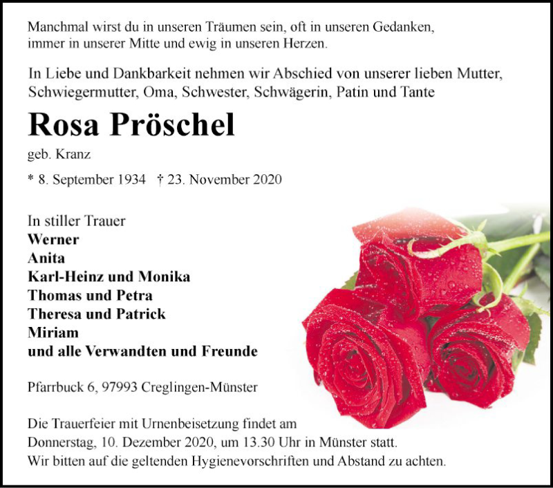  Traueranzeige für Rosa Pröschel vom 05.12.2020 aus Fränkische Nachrichten