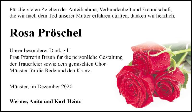  Traueranzeige für Rosa Pröschel vom 31.12.2020 aus Fränkische Nachrichten