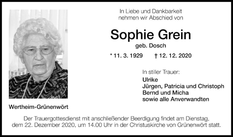  Traueranzeige für Sophie Grein vom 19.12.2020 aus Fränkische Nachrichten