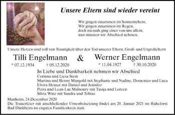 Traueranzeige von Werner Engelmann von Mannheimer Morgen