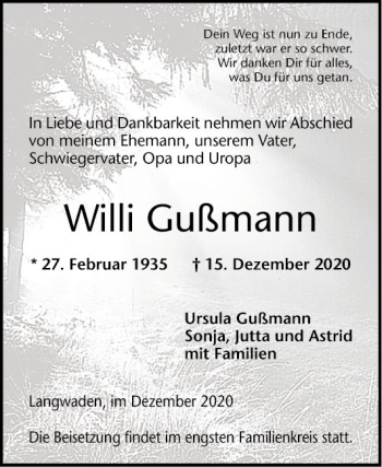 Traueranzeige von Willi Gußmann von Bergsträßer Anzeiger
