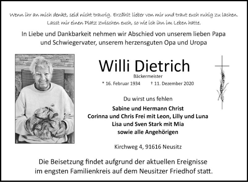  Traueranzeige für Willy Dietrich vom 19.12.2020 aus Fränkische Nachrichten