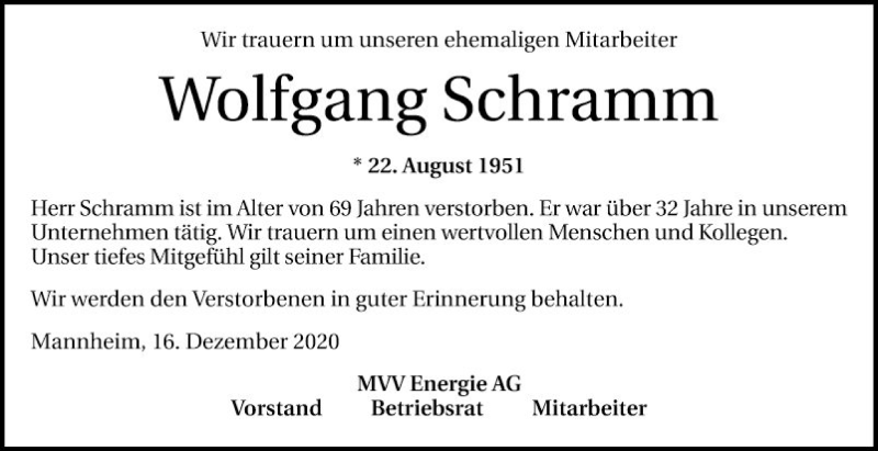  Traueranzeige für Wolfgang Schramm vom 16.12.2020 aus Mannheimer Morgen