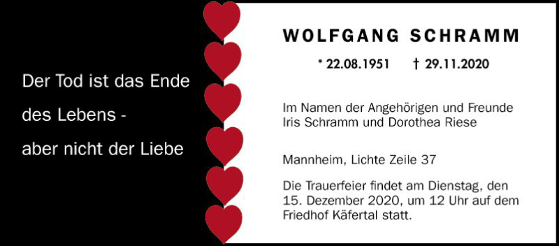  Traueranzeige für Wolfgang Schramm vom 05.12.2020 aus Mannheimer Morgen