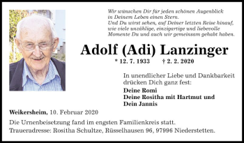 Traueranzeige von Adolf Lanzinger von Fränkische Nachrichten