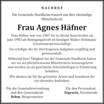 Traueranzeige von Agnes Häfner von Fränkische Nachrichten