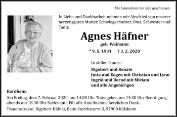Traueranzeige von Agnes Häfner von Fränkische Nachrichten