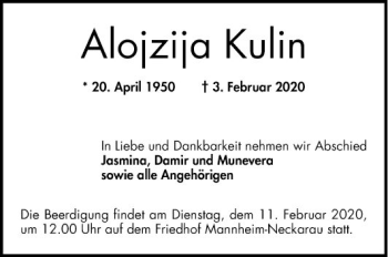 Traueranzeige von Alojzija Kulin von Mannheimer Morgen