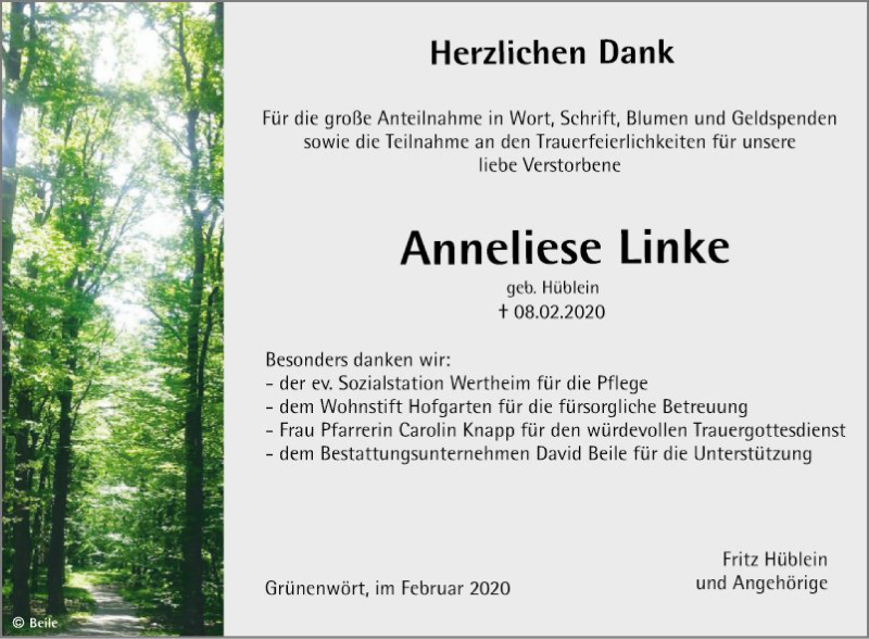  Traueranzeige für Anneliese Linke vom 27.02.2020 aus Fränkische Nachrichten
