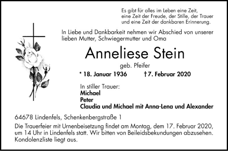  Traueranzeige für Anneliese Stein vom 13.02.2020 aus Bergsträßer Anzeiger