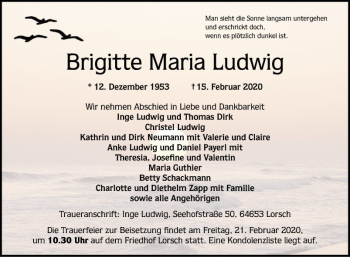 Traueranzeige von Brigitte Maria Ludwig von Bergsträßer Anzeiger