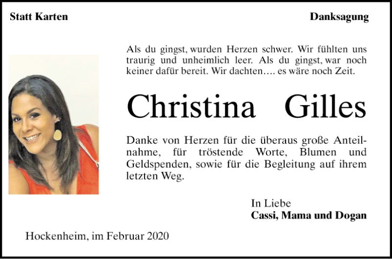  Traueranzeige für Christina Gilles vom 01.02.2020 aus Schwetzinger Zeitung