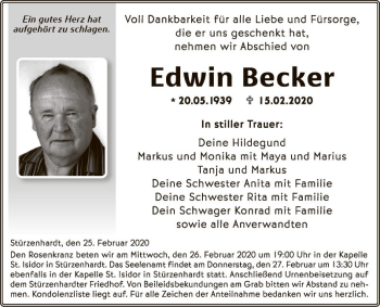 Traueranzeige von Edwin Becker von Fränkische Nachrichten