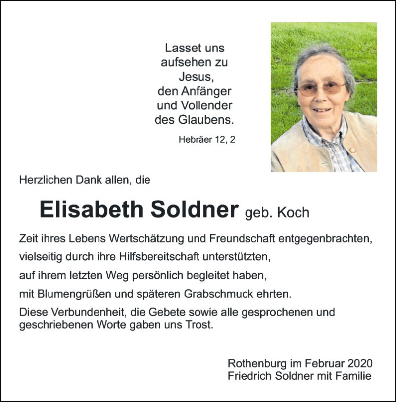  Traueranzeige für Elisabeth Soldner vom 29.02.2020 aus Fränkische Nachrichten