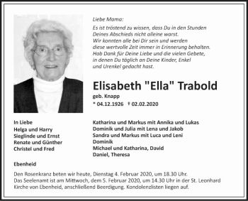 Traueranzeige von Elisabeth Trabold von Fränkische Nachrichten
