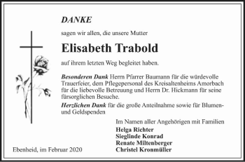 Traueranzeige von Elisabeth Trabold von Fränkische Nachrichten