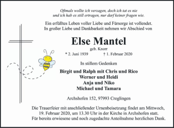Traueranzeige von Else Mantel von Fränkische Nachrichten