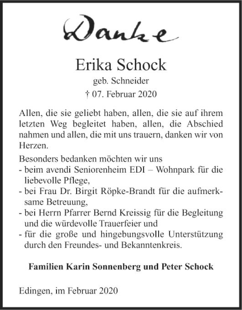  Traueranzeige für Erika Schock vom 29.02.2020 aus Mannheimer Morgen