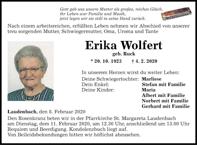  Traueranzeige für Erika Wolfert vom 08.02.2020 aus Fränkische Nachrichten