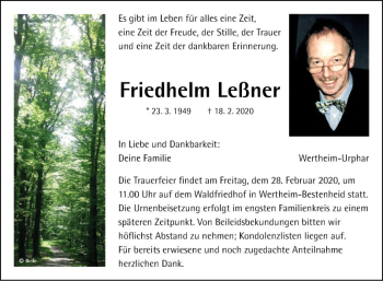 Traueranzeige von Friedhelm Leßner von Fränkische Nachrichten