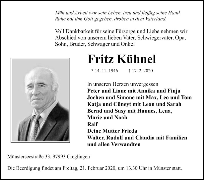  Traueranzeige für Fritz Kühnel vom 20.02.2020 aus Fränkische Nachrichten