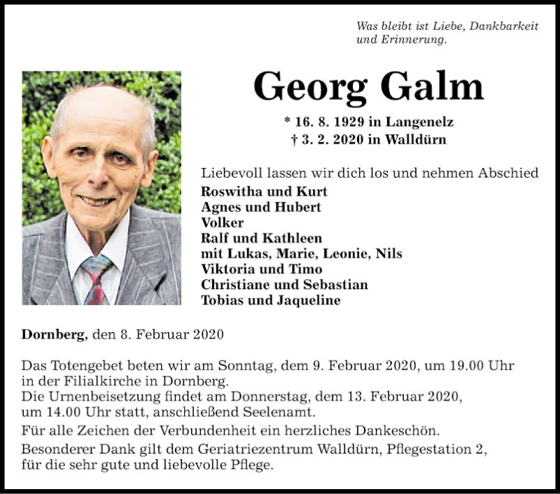  Traueranzeige für Georg Galm vom 08.02.2020 aus Fränkische Nachrichten