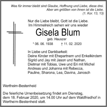 Traueranzeige von Gisela Blum von Fränkische Nachrichten