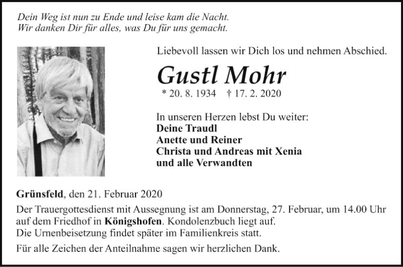  Traueranzeige für Gustl Mohr vom 21.02.2020 aus Fränkische Nachrichten
